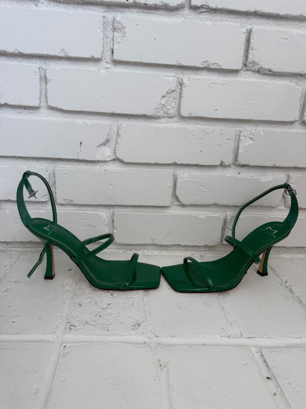 Marc Fisher LTD Dalida Green Patent Strappy Square-Toe Heeled Sandals